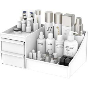 White Makeup Organizer with Drawers Vanity Storage Box for Bathroom Counter